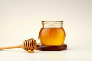 Wooden Spoon of Honey and Closeup of Clear Manuka Honey Jar, Generative Ai photo