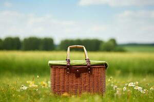 Weekend Family Picnic Basket in a Green Field, Generative Ai photo