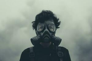 Person Wearing Gas Mask in Dystopian Apocalypse Future, Generative Ai photo