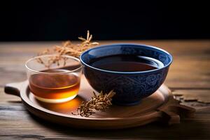 Authentic Minimalist Photography Chinese Tea Served in Blue Porcelain Cup on Warm Wooden Background, Generative Ai photo