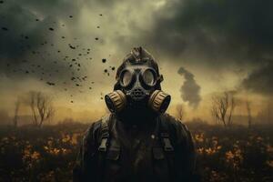 Person Wearing Gas Mask in Dystopian Apocalypse Future, Generative Ai photo