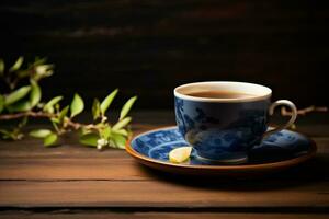 Authentic Minimalist Photography  Chinese Tea Served in Blue Porcelain Cup on Warm Wooden Background, Generative Ai photo