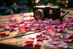 Realistic DSLR Photography of an Extreme Close-Up Small, Empty Wooden Platform with Scattered Rose Petals, Generative Ai photo