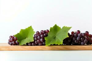 Red Grapes with Leaves on Natural Wooden Podium against White Background, Generative Ai photo