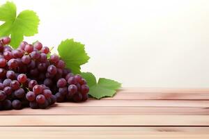 Red Grapes with Leaves on Natural Wooden Podium against White Background, Generative Ai photo