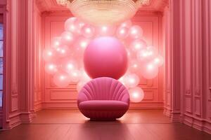 el rosado habitación con un rosado esférico pelota y suave Encendiendo, generativo ai foto