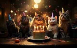 contento gatos celebrando un cumpleaños fiesta, generativo ai foto