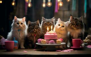 Happy cats celebrating a birthday party, Generative Ai photo