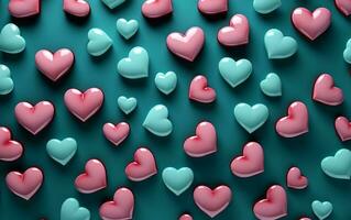 Bright pink hearts on a teal background photo