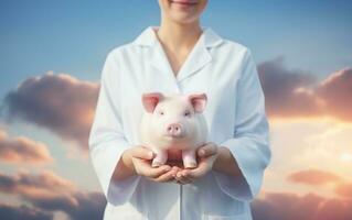 Piggy bank in the hands of a female doctor, Generative Ai photo