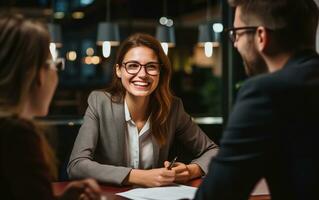 contento gerente mujer en oficina, generativo ai foto