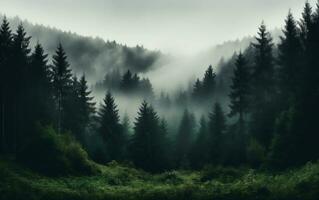 bosque escena con creciente niebla entre el árboles, generativo ai foto