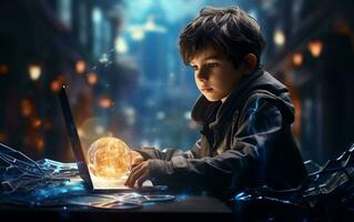 Kid using a laptop on a futuristic background, Generative Ai photo