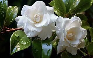 Gardenia flowers after rain, high definition, Generative Ai photo