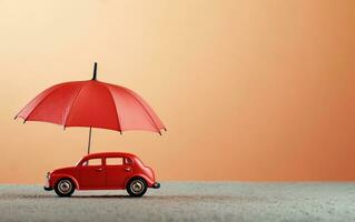 moderno rojo coche modelo debajo un blanco paraguas, generativo ai foto