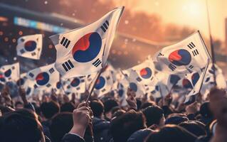 South Korean Crowd Waving South Korean Flag, Generative Ai photo