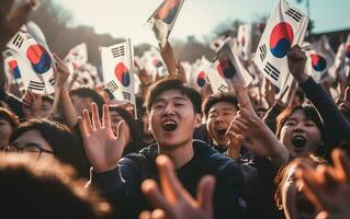South Korean Crowd Waving South Korean Flag, Generative Ai photo