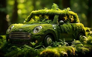 Vehicle Crafted from Lush Green Moss Amidst Sunlit Grass, Generative Ai photo