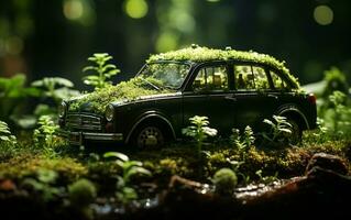 Vehicle Crafted from Lush Green Moss Amidst Sunlit Grass, Generative Ai photo