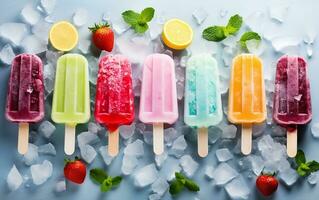 Vibrantly Colored Frozen Lollies on Icy Surface Generative Ai photo