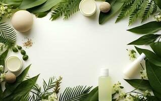 Eco Friendly Cosmetics Mockup Green Top View, Generative Ai photo