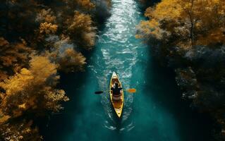 Top Down Drone Perspective Yellow Kayak Adventure, Generative Ai photo