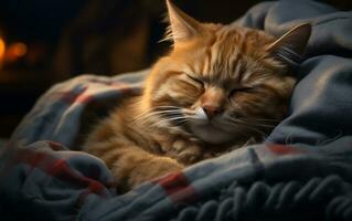 acogedor gato siesta en almohada debajo frazada, generativo ai foto