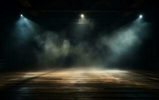 Luminous Wood Floor and Focused Spotlight Illumination, Generative Ai photo
