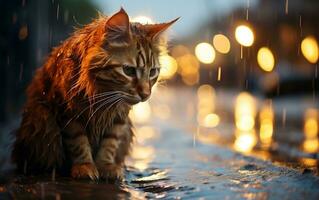 Drenched and Homeless Cat Seeking Shelter in Rain, Generative Ai photo