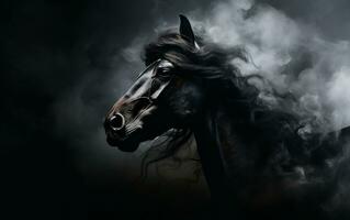 Ethereal Black Horse Portrait in Silhouette Amidst Fog, Generative Ai photo