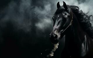 Ethereal Black Horse Portrait in Silhouette Amidst Fog, Generative Ai photo