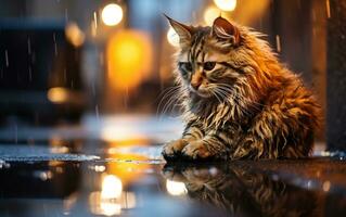 Drenched and Homeless Cat Seeking Shelter in Rain, Generative Ai photo