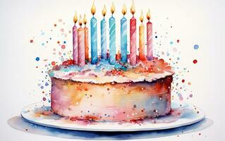 Watercolor Birthday Cake with Lit Candles, Generative Ai photo