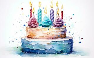 Watercolor Birthday Cake with Lit Candles, Generative Ai photo