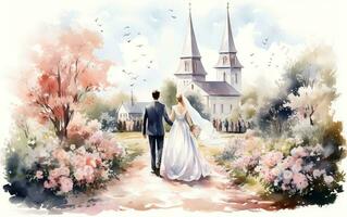 Detailed Watercolor Illustration of a Wedding, Generative Ai photo