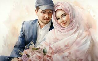 Watercolor Muslim Bride and Groom on Wedding Day, Generative Ai photo