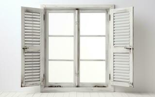 Vintage White Wooden Window with Opened Shutters. Generative Ai photo