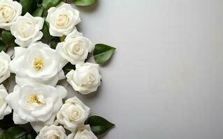Overhead Capture White Garden Roses in Full Bloom, Generative Ai photo