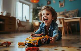 A kid playing with car, laughing and enjoying photo