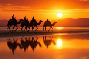 Silhouette of Drover Leading a Caravan of Camels on the Trail. Generative By Ai photo