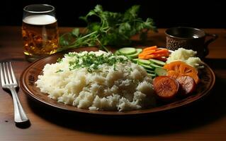 Plate of Rice on Beautiful Modern Table. Generative By Ai photo