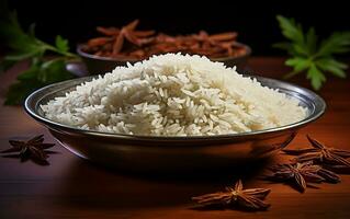 Rice Diversity Basmati, Jasmine, and Brown Rice. Generated By Ai photo