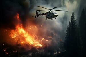 Helicopter Drops Water on Forest Fire. Generated By Ai. photo