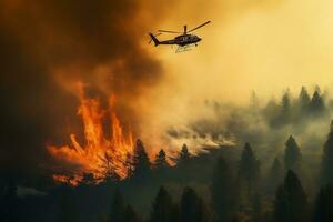 Firefighting Heroics Helicopter Drops Water on Forest Fire. Generated By Ai. photo