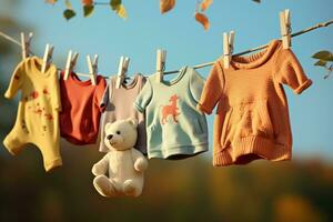 Tiny Wardrobe Baby Clothes Hanging on Clothesline. Generative By Ai. photo