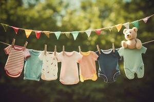 Baby Clothes Hanging on Clothesline. Generative By Ai. photo