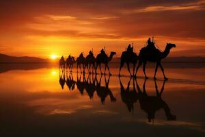 Silhouette of Drover Leading a Caravan of Camels on the Trail. Generative By Ai photo