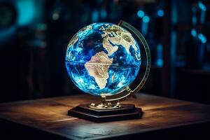 Illuminated Globe with Blue Lights on the Table. Generative By Ai photo