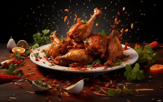Visual Feast Chicken Legs Dive into Masala Perfection. Generative By Ai photo