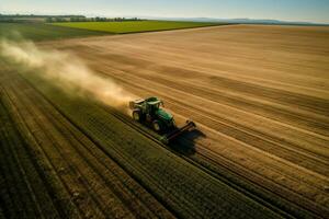 Aerial View of a Tractor Tending to Crops. Generative By Ai. photo